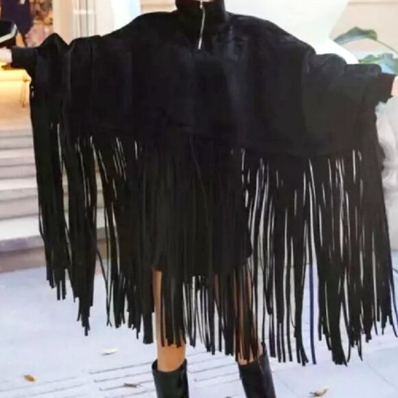 Chic Fringe Turtleneck Poncho Dress - Picture 3 of 5